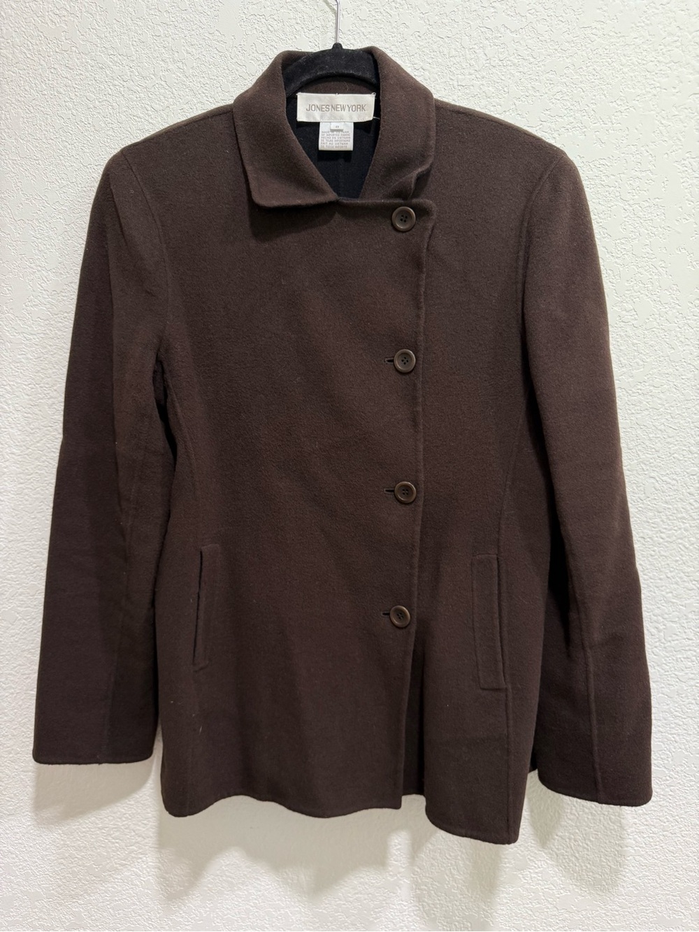 Jones New York Dark Brown Wool Blend Cashmere Pea Coat with Button Front